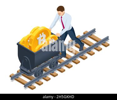 Isometrischer Bergmann gräbt auf goldenem Bitcoin. Geräte und Technologien für das Mining von Kryptowährungen. Maschinen für den Abbau von Kryptowährungen. Stock Vektor
