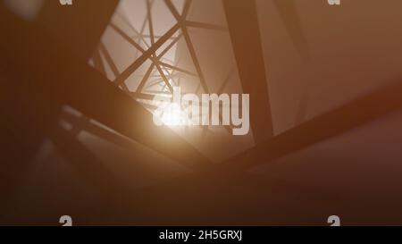 Abstrakter dunkler Korridor mit Stahlträgern, Hintergrund, 3d-Illustration Stockfoto