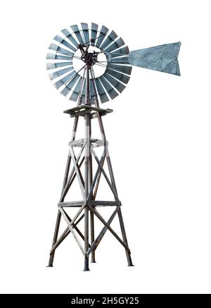 Old Farm Windmill Water Pump Turbine Cut Out on White. Stockfoto