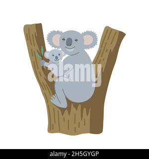 Niedliche Cartoon Koala mit kleinen Baby auf Eukalyptusbaum sitzen. Abbildung isoliert auf weißem Hintergrund. Stock Vektor