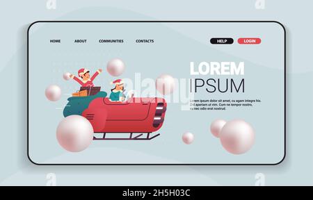 Elfen fahren Schlitten Auto mit Geschenken fröhlich weihnachten frohes neues Jahr Winterferien Feier Konzept Grußkarte Stock Vektor