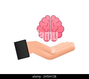 Psychologie, Emotion und Psychotherapie Konzept. Die menschliche Hand hält das menschliche Gehirn. Vektorgrafik. Stock Vektor