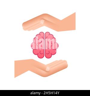 Psychologie, Emotion und Psychotherapie Konzept. Die menschliche Hand hält das menschliche Gehirn. Vektorgrafik. Stock Vektor