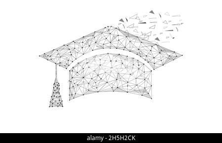 Geometrische polygonale Form schwarzer Vektor der Graduation Cap. Bestehend aus Punkten, Linien und Low-Poly-Formen in Form von Design auf weißem Hintergrund. Stock Vektor