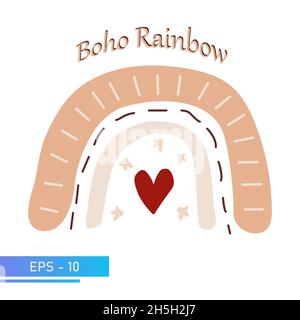 Skandinavischer Boho-Regenbogen in schlichten Farben für die Einrichtung im Kinderzimmer. Isoliert auf weißem Hintergrund. Vektorgrafik. Stock Vektor