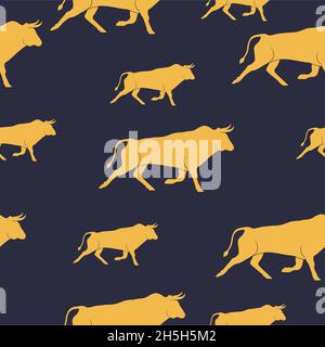 Künstlerisches nahtloses Muster goldener Bullen, digitale Bullen und digitales Finanzkonzept. Originelles Kunstwerk in hellen Farben. Grafik für Website, PR Stockfoto