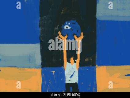 Schön, den Verstand zu verlieren, aber es in den Händen zu haben, Bild, Kubismus Kunst und Expressionismus Malerei. Kreative Malerei mit satten Farben. Abb. Stockfoto