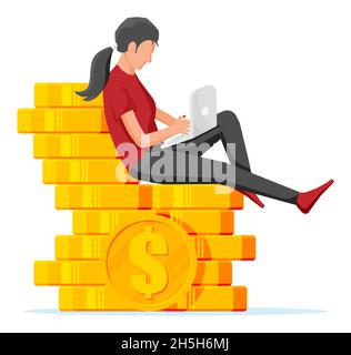 Frau sitzen auf Golden Coins Stack und verwenden Laptop. Stock Vektor