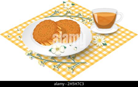 Mooncakes mit Teetake auf Tischdecke Illustration Stock Vektor