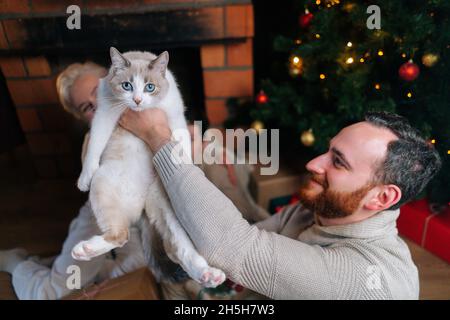 Lächelnder bärtiger junger Mann, der in den Händen eine niedliche flauschige Katze hält, umgeben von der Familie der Frau und dem kleinen Sohn, am Weihnachtsbaum und am gemütlichen Kamin. Stockfoto