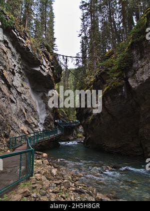 Atemberaubende Aussicht auf den Johnston Canyon, den Banff National Park, Alberta, Kanada in den Rocky Mountains, wo die Menschen auf dem Wanderweg spazieren gehen. Stockfoto