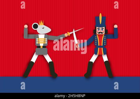 Nussknacker und Mauskönig. Frohe Weihnachtsfeier. Frohes neues Jahr Figur. Ballettparty im Dezember. Vintage-Spielzeug. Vektor. Stock Vektor