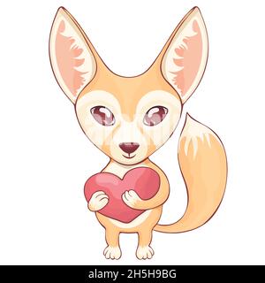 Fox Fenech lustig niedlichen Cartoon Handzeichnung, Tierfigur, Maskottchen. Rothaariger Babyfuchs mit großen Augen, flauschiger Schwanz, der ein Herz in seinen Pfoten hält, Isol Stock Vektor