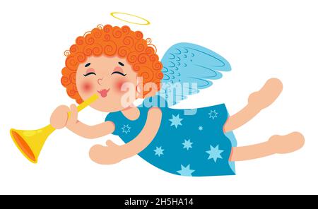 Niedlicher kleiner Weihnachtsengel mit Trompete. Lockiges Rotschopf Baby Mädchen. Zeichentrickfigur. Vektorgrafik. Stock Vektor