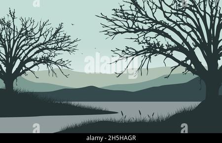 Bergpanorama mit fantastischer, trockener Baumsilhouette vom Flussufer bei Sonnenaufgang. Vektordarstellung einer Stadt Stock Vektor