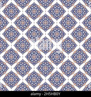 Blaues und orangefarbenes Nahtloses Muster. Geometrisch. Ornament, Traditionell, Ethnisch, Arabisch, Türkisch, Indische Motive. Ideal für Stoff und Textil, Tapeten, Verpackungen oder jede gewünschte Idee. Stock Vektor