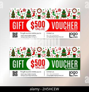 Set von Weihnachtsgutschein-Vorlage mit flachen Urlaubs-Ikonen. Vektorgrafik. Neujahrskonzept. Frohe Festtage. Stock Vektor