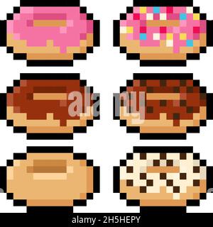 Pixel 8 Bit Donut Pack in verschiedenen Geschmacksrichtungen - Vektor, isoliert Stock Vektor