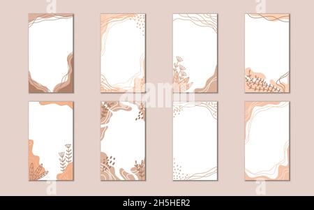 Set von Geschichten Vorlage. Handgezeichnete Wellenform und florales Element in Doodle Freihand-Stil mit trendigen Sand-Palette. Stock Vektor