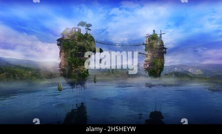 Fantastische Landschaft mit fliegenden Inseln und einem See, 3D-Rendering. Stockfoto