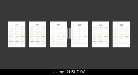 2022 2023 2024 2025 2026 2027 Kalendervorlage im klassisch strengen Stil mit mehrfarbigen Elementen. Monatskalender individueller Zeitplan Minimalismus Ruhe Stock Vektor