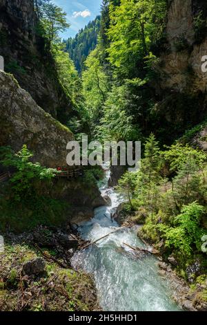 Gebirgsbach, der durch eine enge Schlucht fließt, Schlucht mit Fluss, Wolfsklamm, Stans, Tirol, Österreich Stockfoto