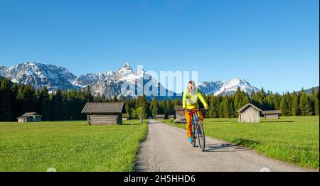 Mountainbiker unterwegs durch Wiese mit Heuschreppen, hinter verschneiten Berggipfeln im Frühjahr, Mieminger Kette mit Ehrwalder Sonnenspitze, Ehrwald Stockfoto