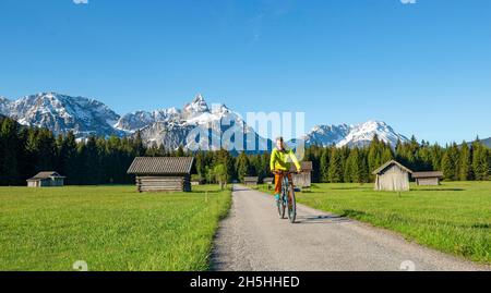 Mountainbiker unterwegs durch Wiese mit Heuschreppen, hinter verschneiten Berggipfeln im Frühjahr, Mieminger Kette mit Ehrwalder Sonnenspitze, Ehrwald Stockfoto