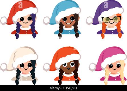 Avatare-Mädchen verschiedener Nationalitäten mit großen Augen und einem breiten, fröhlichen Lächeln im Weihnachtshut. Kopf des Kindes mit freudigem Gesicht in festlichem Kostüm für Neujahr und Weihnachten. Stock Vektor
