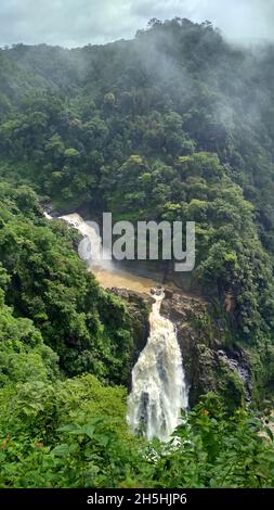 Magod Falls ist eine Gruppe von Wasserfällen in Karnataka, Indien, wo der Fluss Bedti in zwei Stufen aus einer Höhe von fast 200 Metern (660 Fuß) fällt Stockfoto