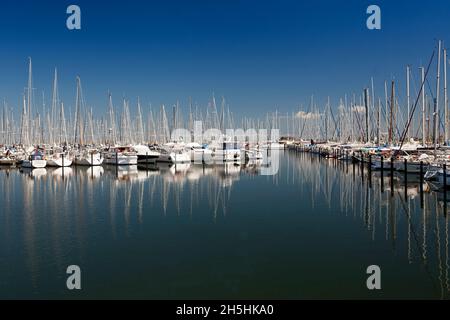 Segelboote in einer Marina, Heiligenhafen, Schleswig-Holstein, Deutschland Stockfoto