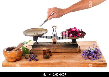 Roberval Balance vor weißem Hintergrund Stockfoto