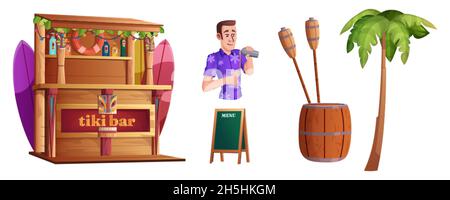 Cartoon-Set von Sommerelementen mit Barkeeper und Strandcafé mit Snacks und Getränken. Männlicher Barkeeper mit Cocktail und Tiki-Bar aus Holz mit Stammesmasken, Fackel und Palmen auf weißem Hintergrund isoliert. Stock Vektor