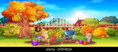 Hinterhofgarten mit Holzzaun, Baum, Sträuchern und kultiviertem Boden. Herbstlandschaft mit Gießkannen, Schubkarre und Säcken. Cartoon Rasen mit wachsenden Pflanzen, Topfblumen und Gartengeräte Stock Vektor