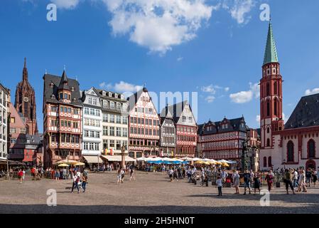 St. Bartholomäus Kaiserdom, rekonstruierte Fachwerkhäuser, Samstagsberg, Alte Nikolaikirche, Römerberg, Altstadt, Frankfurt am Stockfoto