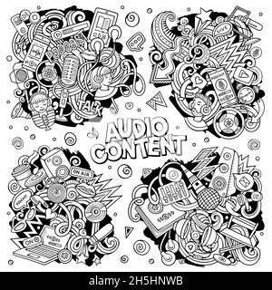 Audio-Inhalt Cartoon Vektor Doodle Designs gesetzt. Line Art detailreiche Kompositionen mit vielen Medienobjekten und Symbolen. Alle Elemente sind getrennt Stock Vektor