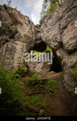 Felsen im Wald, Felsbogen mit gefallener Felsbrocken unter Felsformation mit Einsturzpassage am Hang, überwachsen mit Pflanzen, Bäumen und Himmel im Hintergrund Stockfoto