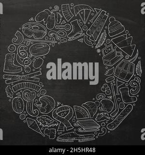 Vektor Hand gezeichnet Satz von Winter Sports Cartoon Doodle Objekte, Symbole und Elemente. Kreidetafel mit rundem Rahmen Stock Vektor