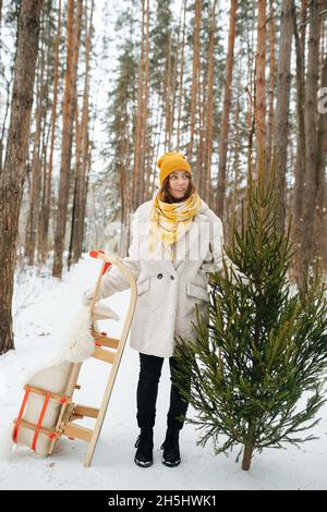 Winterferien Mädchen mit Weihnachtsbaum und Schlitten im Winterwald Stockfoto