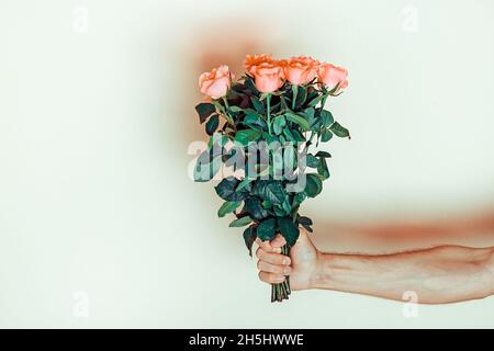 Männliche Hand hält romantischen Strauß zartrosa Rosen auf pastellgelbem Hintergrund Urlaub Blumenkarte. Stockfoto