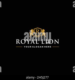 Flaches Buchstabenzeichen mit anfänglichem R ROYAL LION-Logo Stock Vektor
