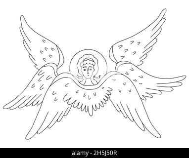 Religiöses Symbol. Seraph, sechs geflügelte Engel. Vektorgrafik. Linienzeichnung Umriss. Himmlischer Charakter für Design und Dekoration von religiösen Konz Stock Vektor