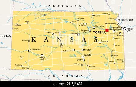 Kansas, KS, politische Karte mit der Hauptstadt Topeka, wichtigen Flüssen und Seen. Staat im Mittleren Westen der Vereinigten Staaten von Amerika, der Sunflower State. Stockfoto