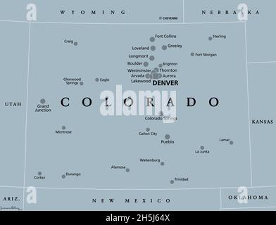Colorado, CO, graue politische Landkarte, mit der Hauptstadt Denver und den wichtigsten Städten. Staat in der Unterregion Mountain West der westlichen Vereinigten Staaten Stockfoto