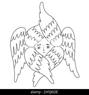 Religiöse Umriss Symbol sechs geflügelte Engel Cherub und Seraph. Vektorgrafik. Linienzeichnung. Himmlischer Charakter für Gestaltung und Dekoration von Religi Stock Vektor