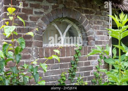Nahaufnahme des Halbmondfensters in einem baufälligen und verlassenen Bauernhaus mit Reetdach in der Landschaft der Niederlande mit Unkraut, Gräsern wachsen Stockfoto