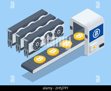 Isometrische Erstellung von Bitcoins Crypto mit Computer-Grafikkarten. Kryptominierfarm. Kryptowährungs-Bergbauausrüstung Stock Vektor