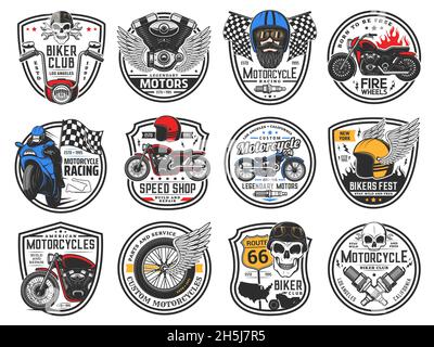 Motorrad und Biker Schädel in Helm Vektor-Ikonen des Motorsports, Biker Club, Motorgarage. Motorrad oder Fahrrad, Fahrer, Motorkolben und Motorrad, ch Stock Vektor
