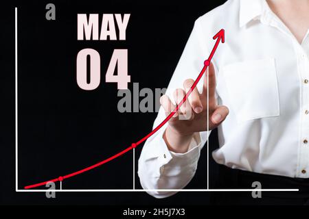 4. Mai. Die Hand der Geschäftsfrau zeigt auf die Grafik und einen Kalender mit dem Datum des 4. Mai. Geschäftsziele für den Tag. Frühlingsmonat, Tag des Th Stockfoto