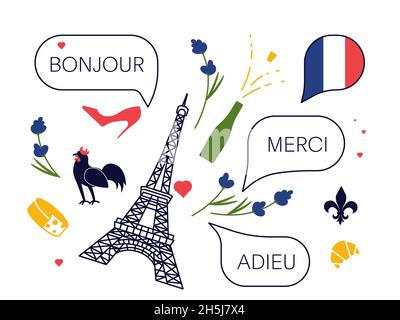 Satz von traditionellen französischen Kultursymbolen, Objekten und Blasenreden Hallo, Danke und Bye in Frankreich. Flache Grafik Stockfoto